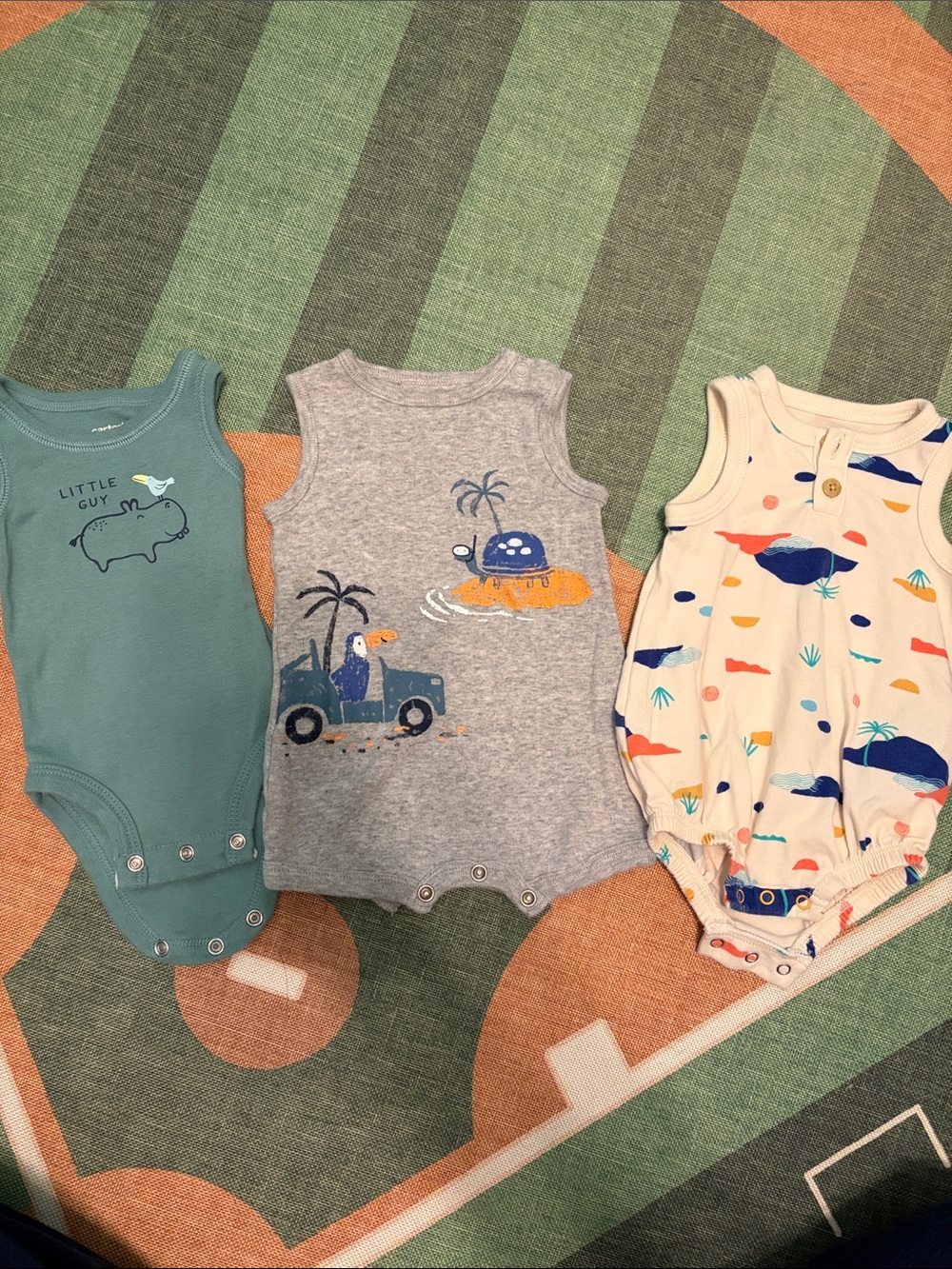 Three-Pack Sleeveless Baby One-Piece Rompers in Teal, Gray & Cream